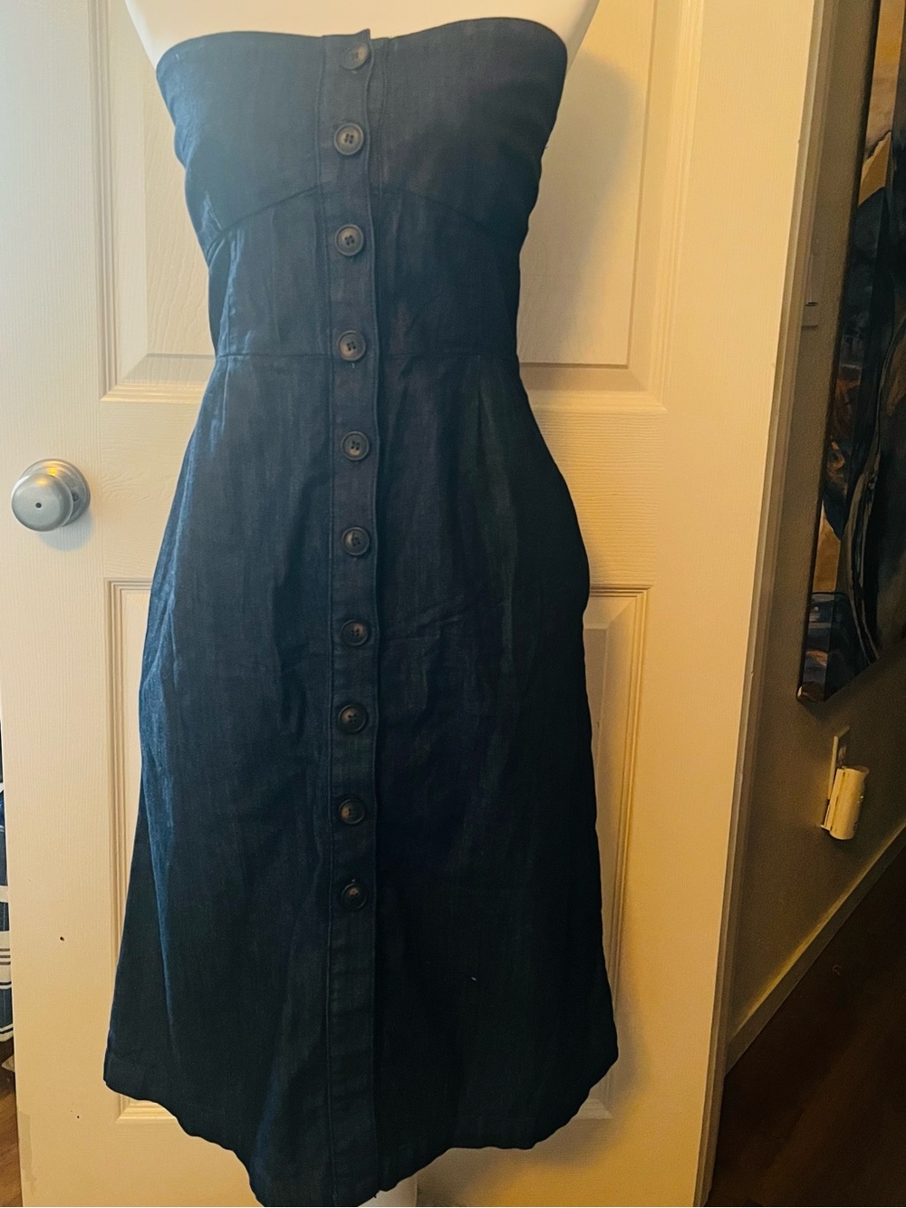Strapless Button-Front Midi Dress in Deep Navy